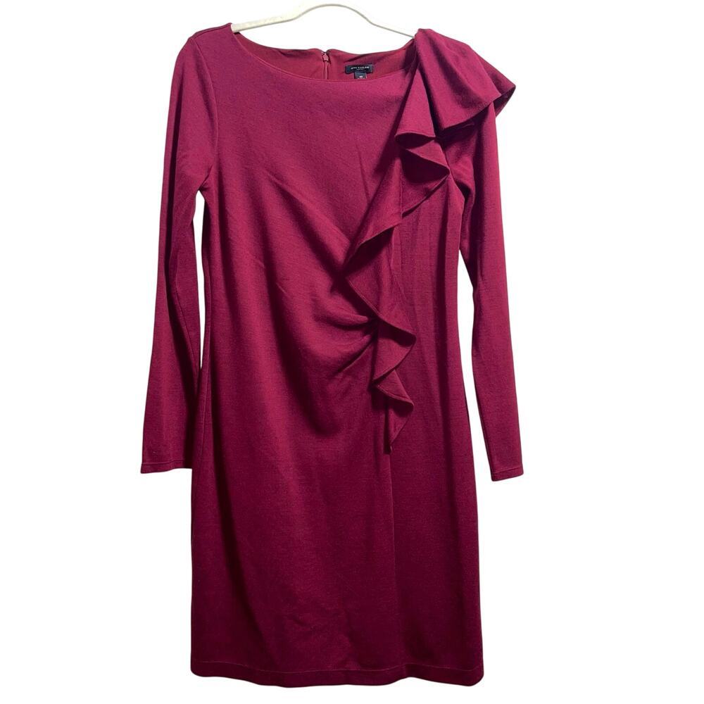 Ann Taylor Maroon Wool Blend Dress Ruffle Detail Long Sleeve Women's SZ 10